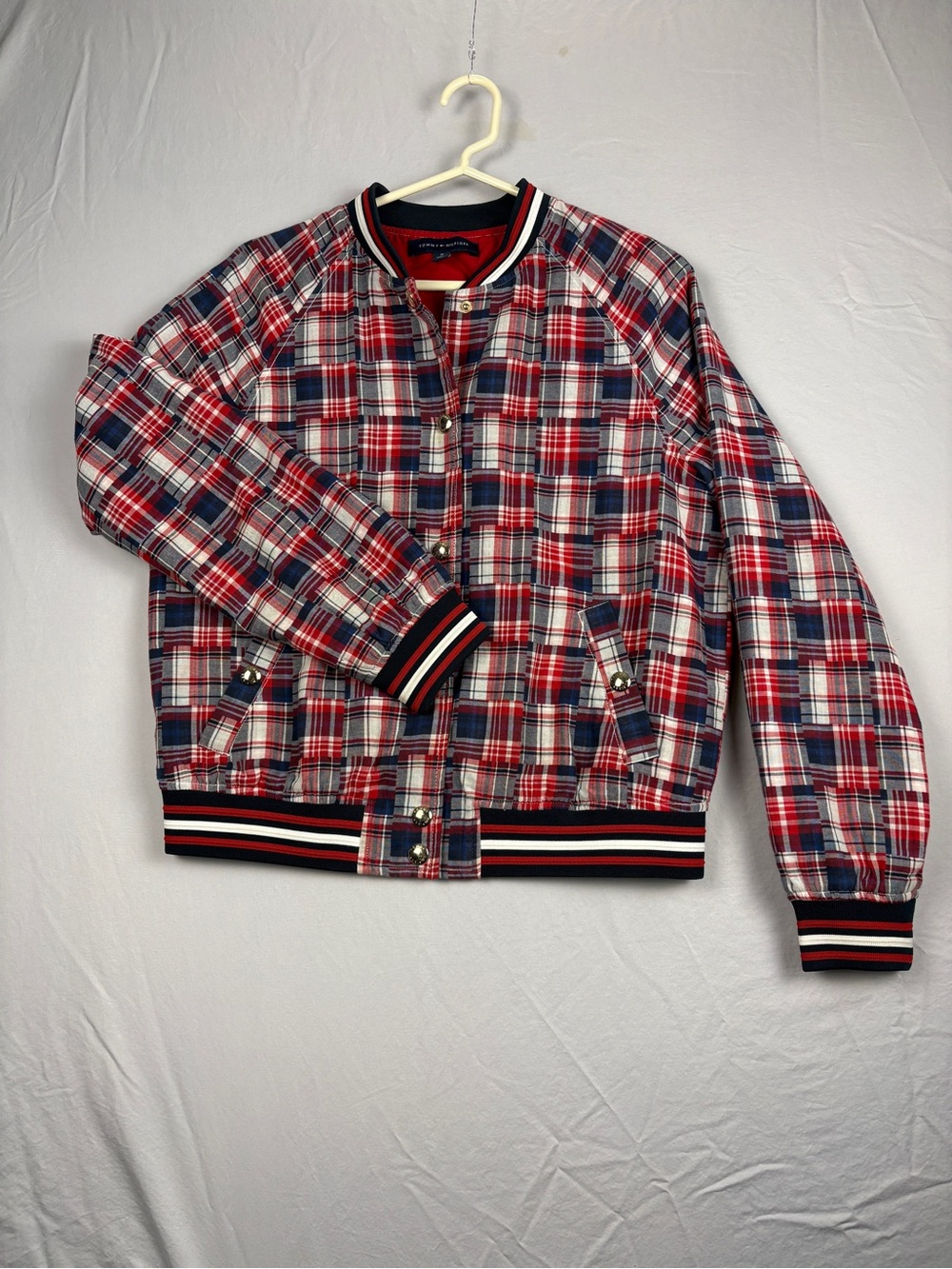 Tommy Hilfiger Jacket Womens Medium Plaid Bomber Snap Front Red Blue Lined